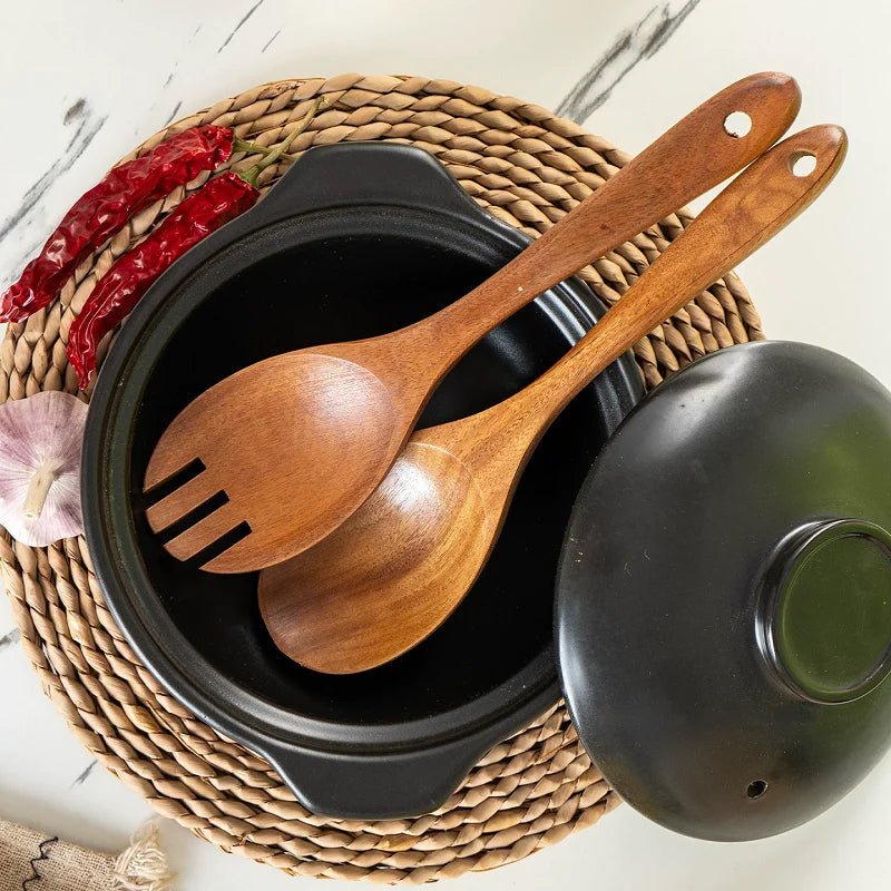 Wooden Spoons for Cooking Acacia Wooden Kitchen Utensils Set Long Handle Wood Salad Spoon Fork Cooking Spatula Spoon Set - Ammpoure