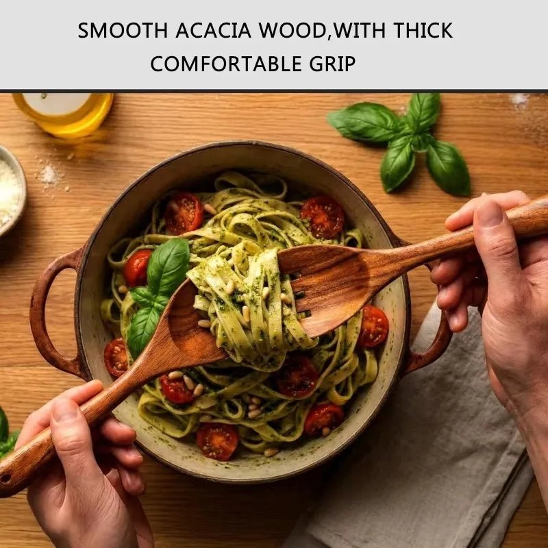 Wooden Spoons for Cooking Acacia Wooden Kitchen Utensils Set Long Handle Wood Salad Spoon Fork Cooking Spatula Spoon Set - Ammpoure