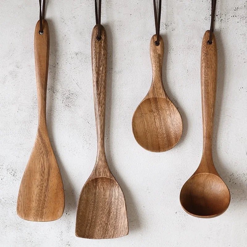 Wooden Spoons for Cooking Acacia Wooden Kitchen Utensils Set Long Handle Wood Salad Spoon Fork Cooking Spatula Spoon Set - Ammpoure
