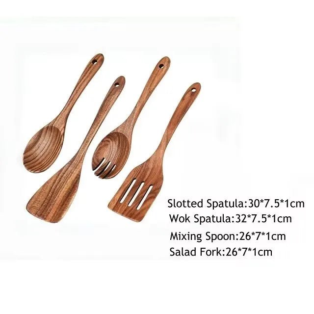 Wooden Spoons for Cooking Acacia Wooden Kitchen Utensils Set Long Handle Wood Salad Spoon Fork Cooking Spatula Spoon Set - Ammpoure