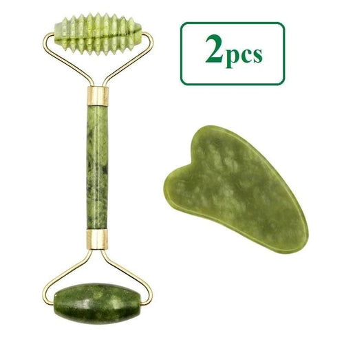 2pcs Jade Roller for Facial Massage with Gua Sha Scraping Tool.Jade Stone Massager Kit. Skin Care and Relaxation - Ammpoure London