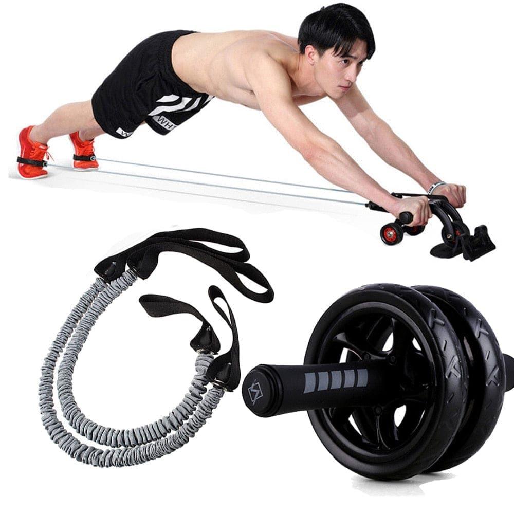 Fitness AB Roller with 2 PCS Elasticity Pull Rope Waist Abdominal Core Workout Abs Slimming Home Exercise Wheel Gym Equipment - Ammpoure Wellbeing 🇬🇧