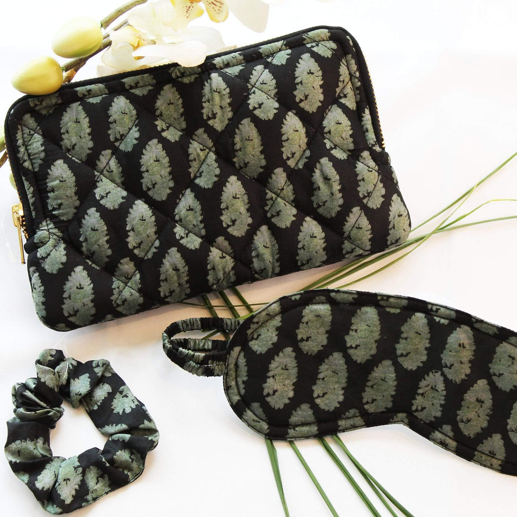 Premium Recycled Silk Make-up Bag (One-Off Print) + Scrunchie + Sleep Mask - Ammpoure London