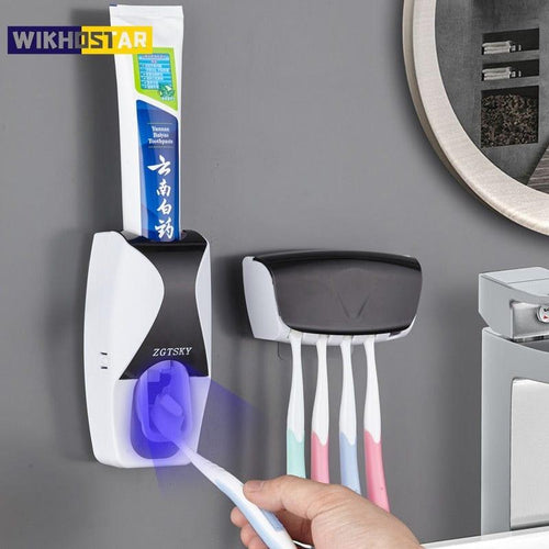 Toothbrush Holder Automatic Toothpaste Dispenser Set Dustproof Sticky Suction Wall Mounted Toothpaste Squeezer for Bathroom - Ammpoure Wellbeing 🇬🇧