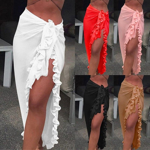 Women Chiffon See-Through Beach Bikini Cover Up Wrap Scarf Swimwear Pareo Sarong Dress Solid Ruffle Casual Beach Dress - Ammpoure Wellbeing 🇬🇧