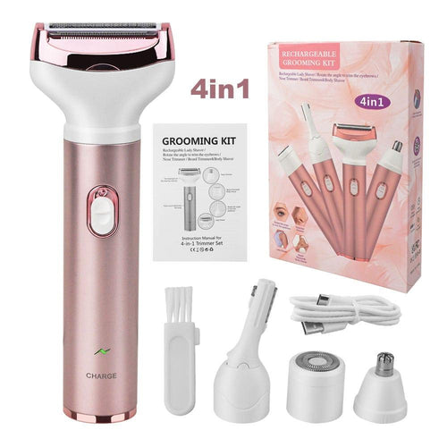 Women Electric Shaver Cordless Portable 4 in 1 Lady Painless Nose Eyebrow Facial Hair Remover Grooming Kit - Ammpoure Wellbeing 🇬🇧